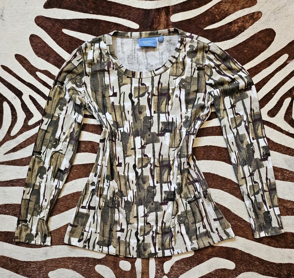 Simply Vera Wang Green Abstract Print Scoop Neck Long Sleeve Tunic Top Sz M